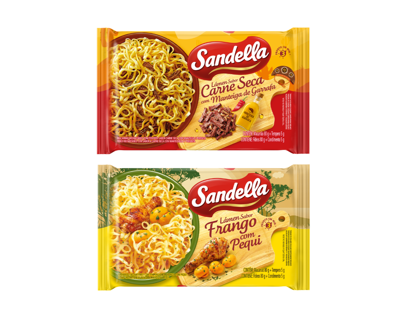 Macarrão instantâneo da Sandella de frango com pequi e carne seca com manteiga de garrafa