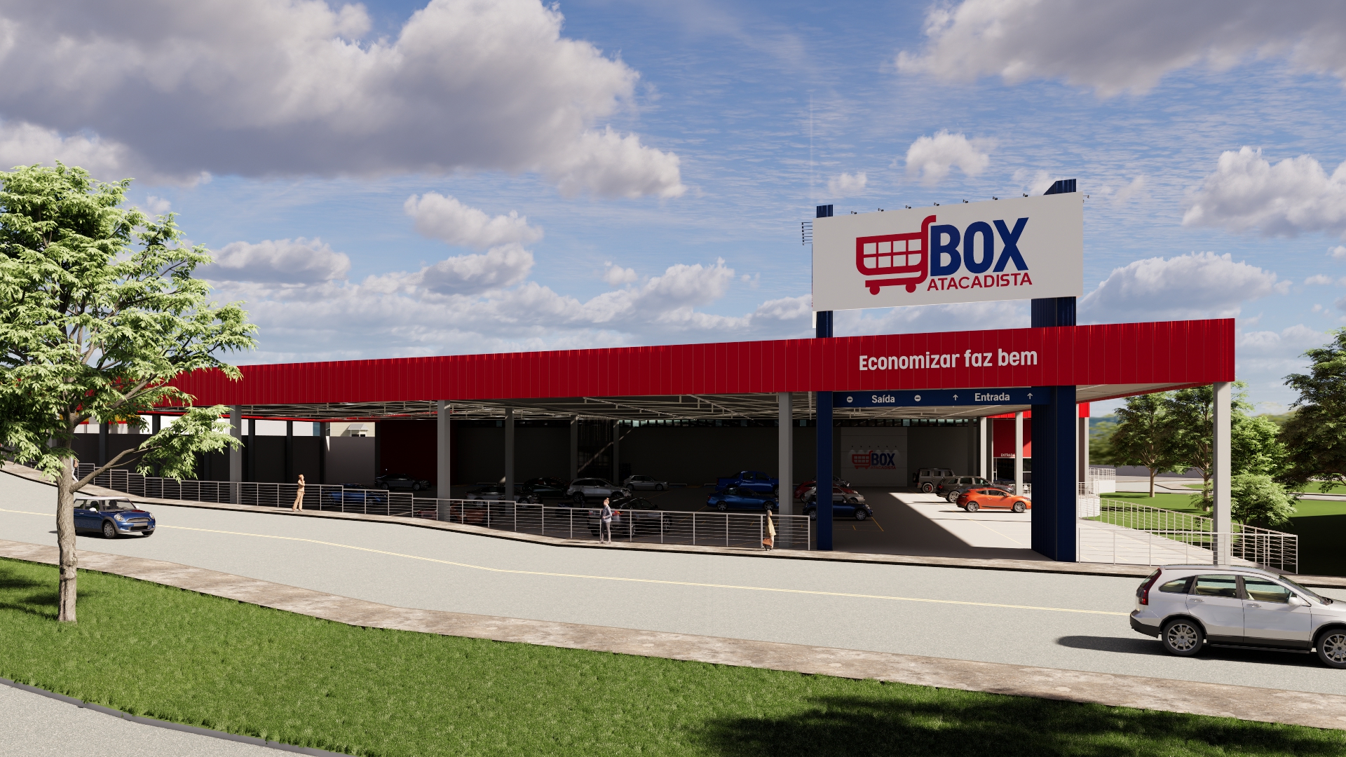 fachada em 3D da futura loja do Box Atacadista
