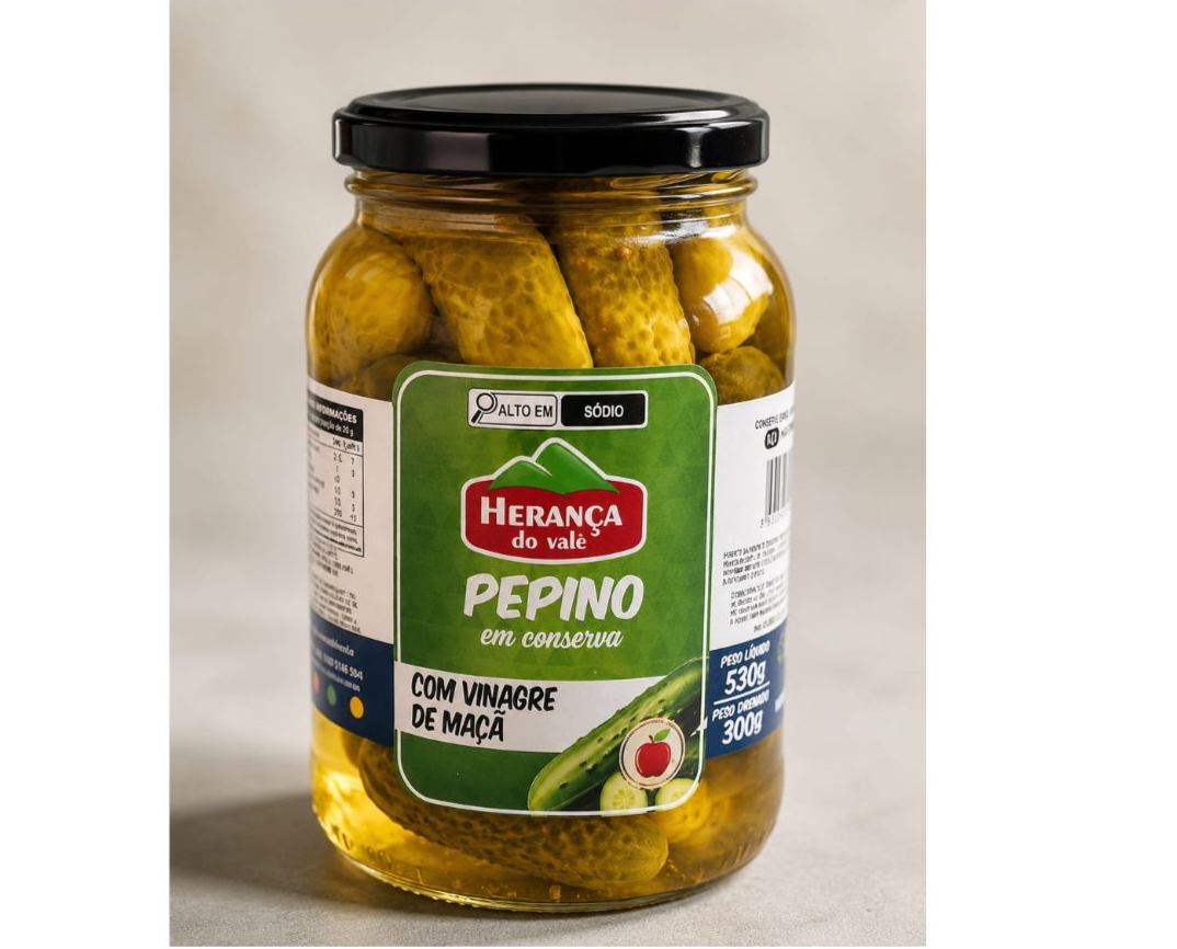 Pepino em conserva produzido com vinagre de maça da Herança do Vale