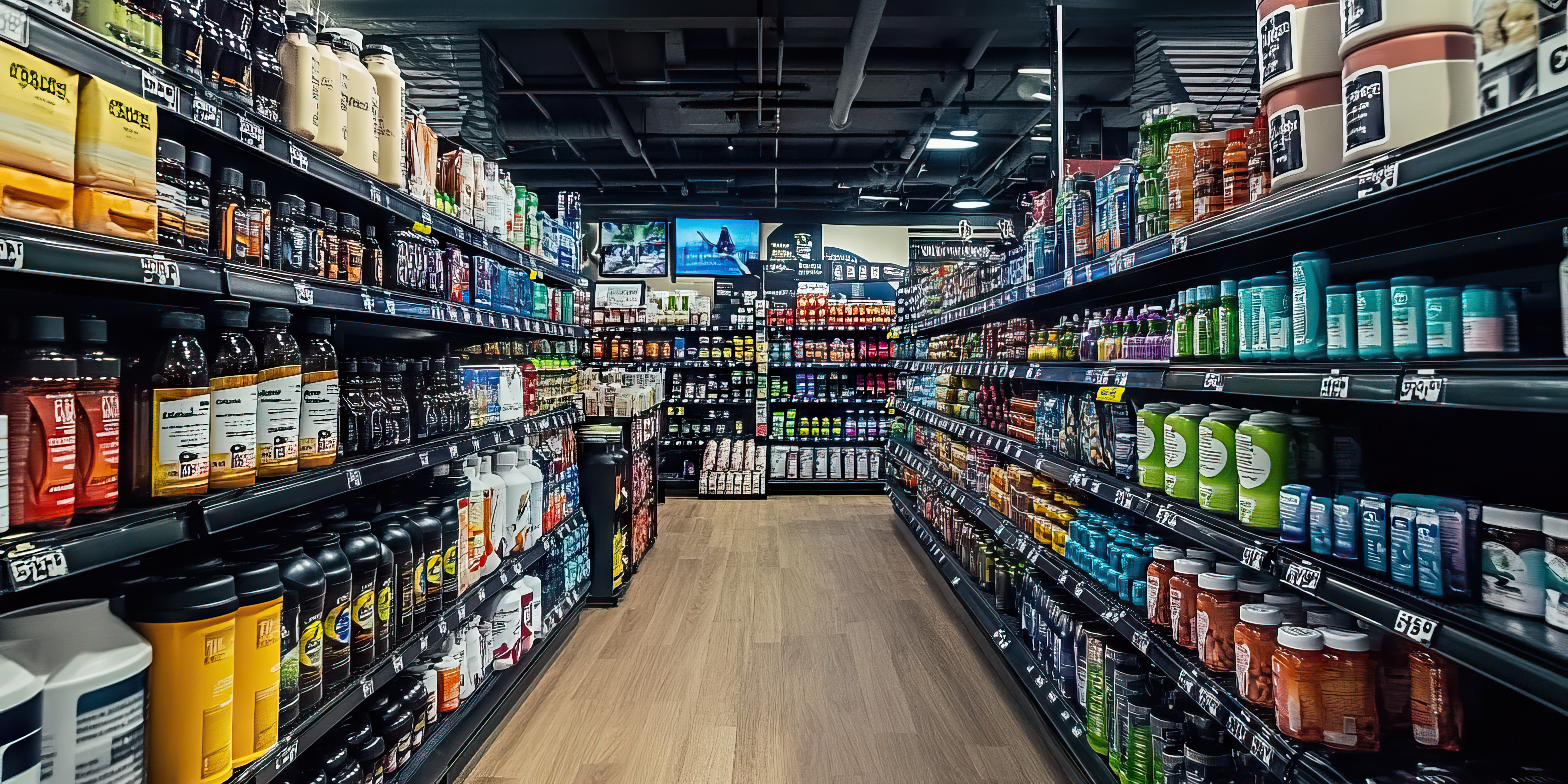 Imagem de IA de suplementos na gôndola de supermercado