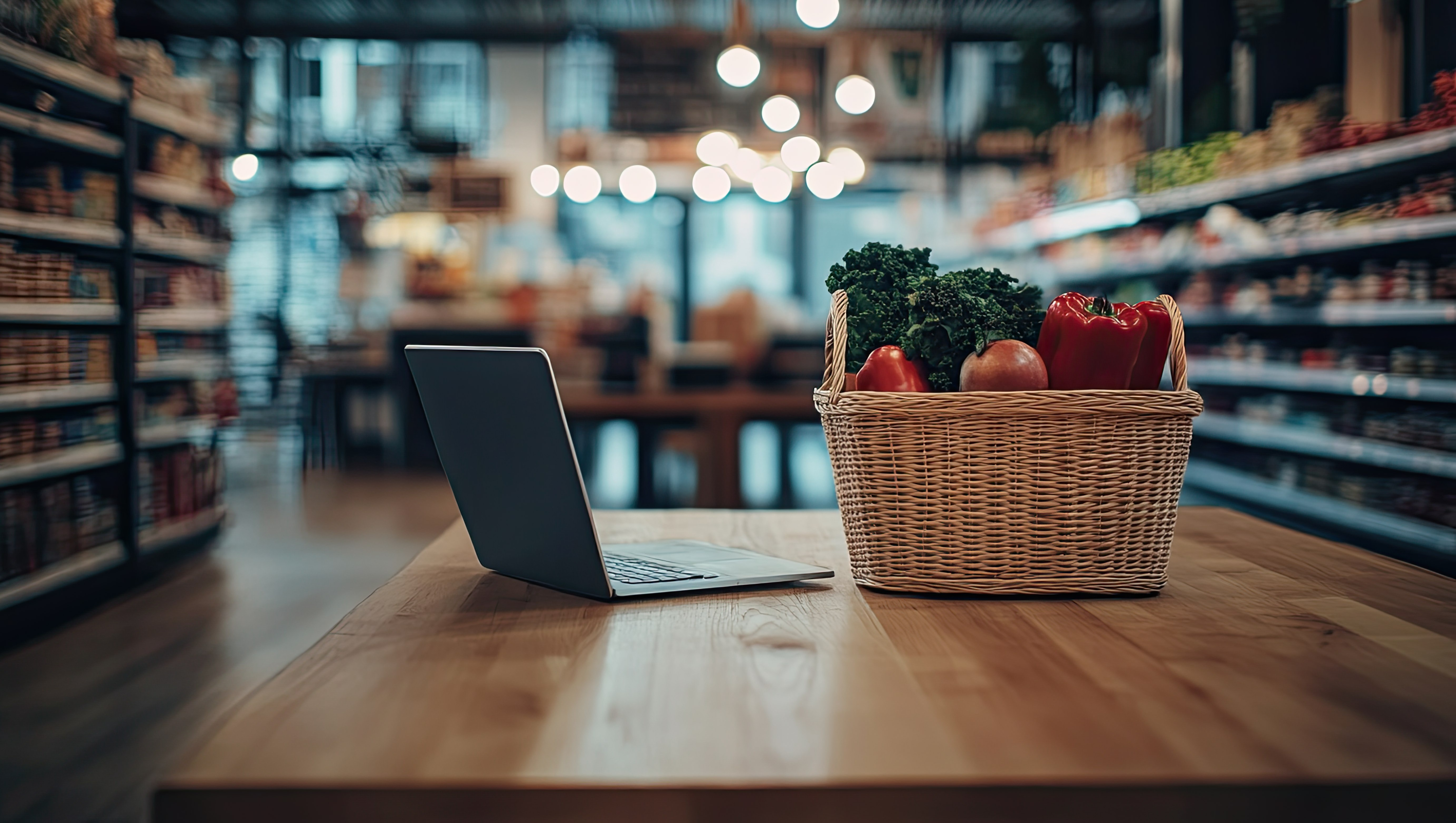 um notebook e uma cesta de compras em um mercado