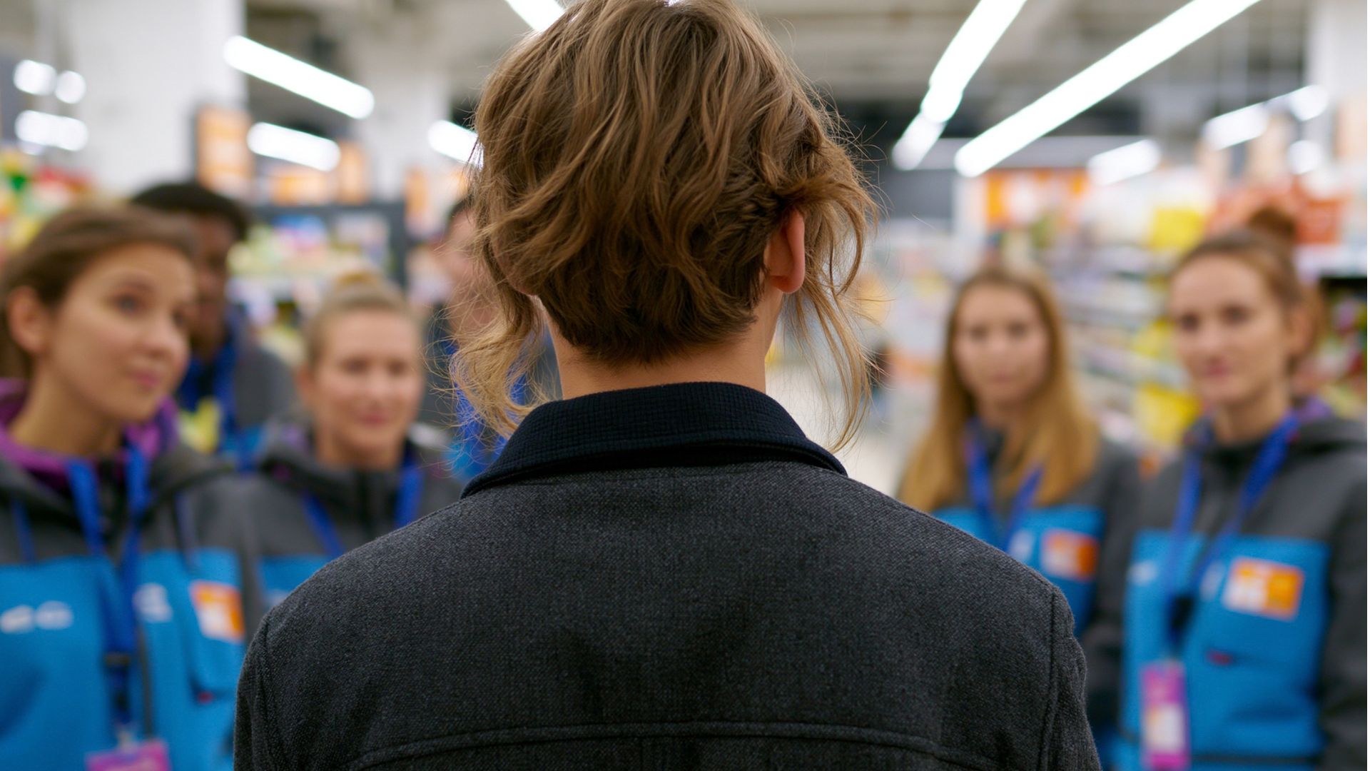 Uma mulher de terno conversando com funcionários em um corredor de supermercado