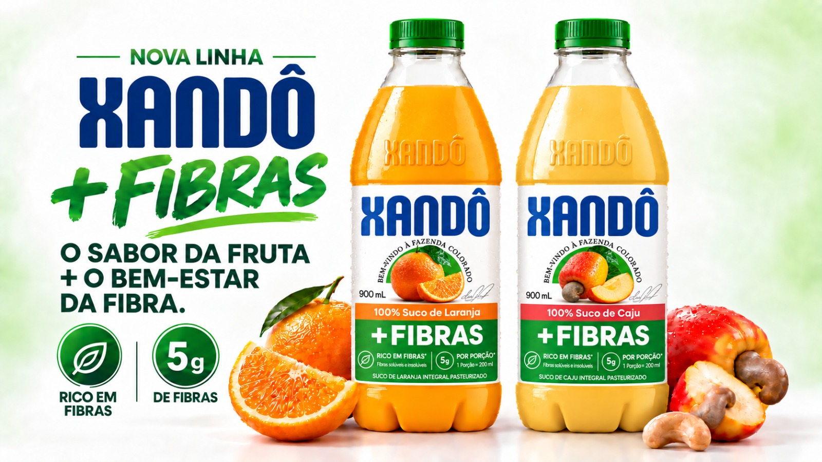 Duas caixas de sucos Xandô +Fibras, nos sabores de laranja e caju