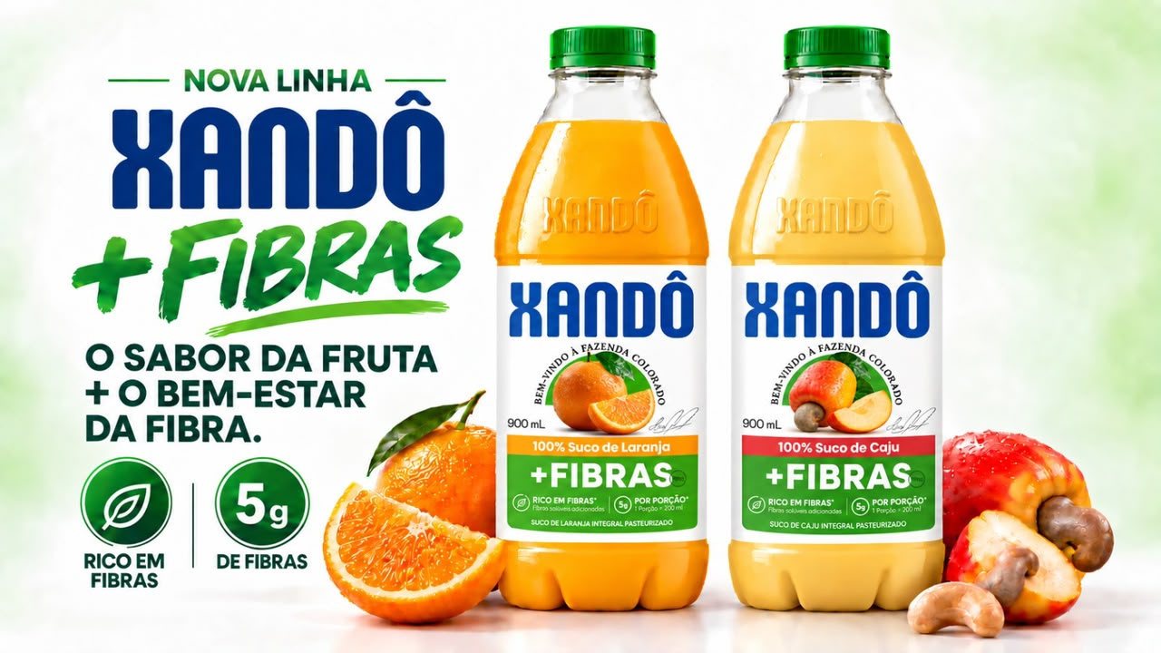 suco de laranja e de caju na foto com os dizeres Xandô mais fibra