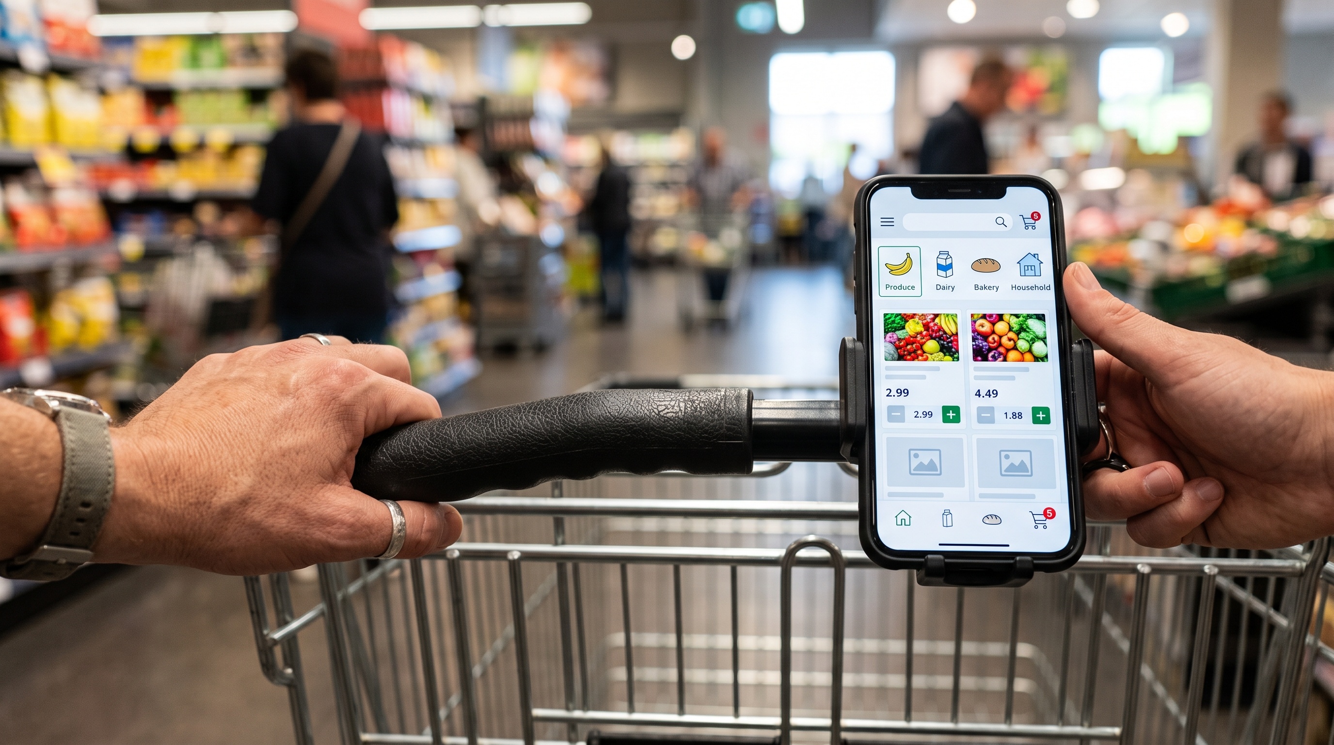 Um celular colado no carrinho de supermercado