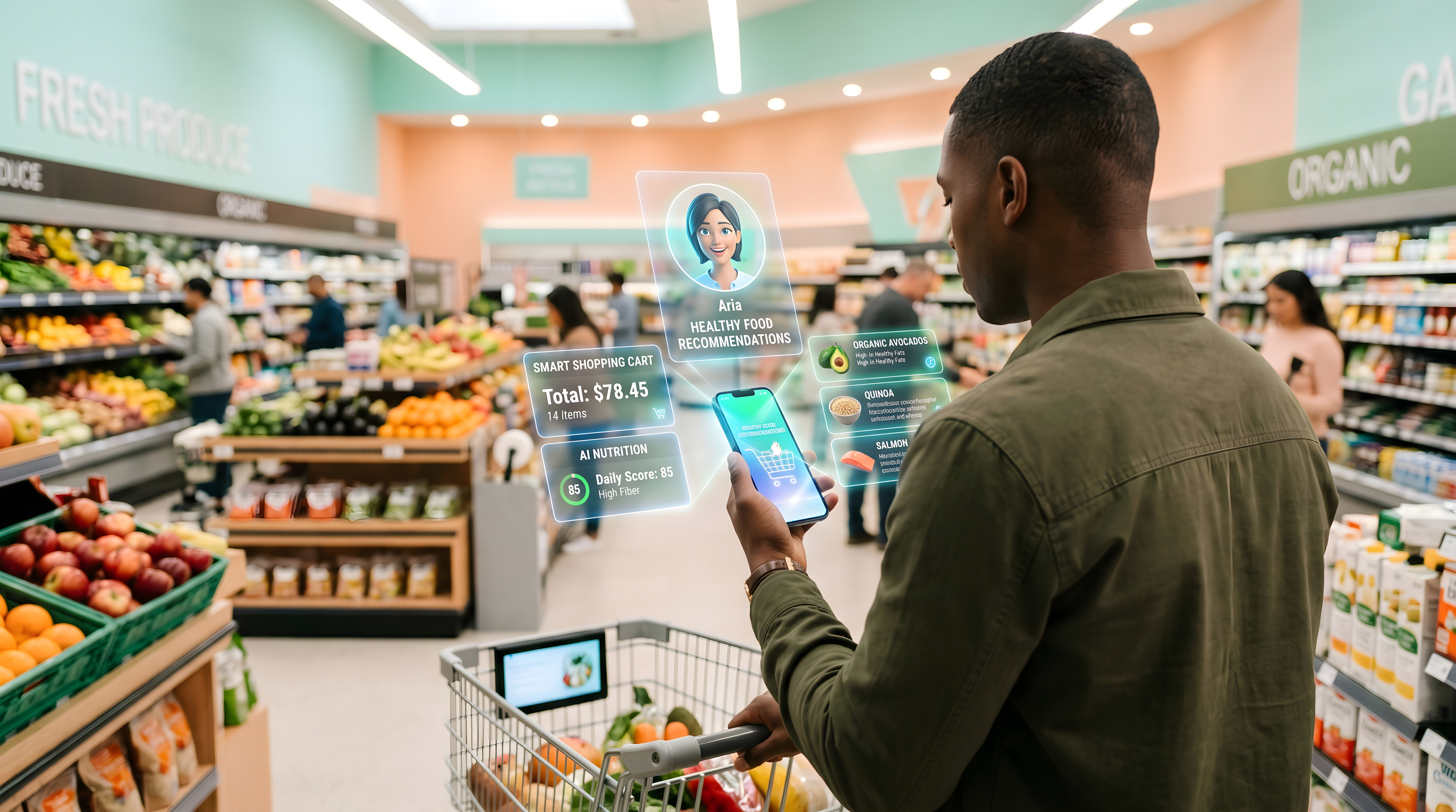 Um homem segura um celular no supermercado enquanto faz compras